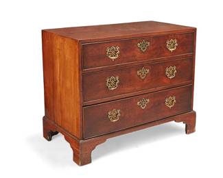 1337
A George III style mahogany chest
Late 19th/early 20th century
The three-drawer chest with brass pulls on latticed escutcheons and lock plates, raised on bracket feet
32.25" H x 41" W x 21.5" D
Estimate: $300 - $500