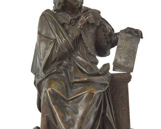 1234
A Continental patinated bronze figure of an artist
19th century
Unmarked
Depicting a seated sculptor holding an etching stylus and a metal plate depicting the Madonna and Child
10" H x 6.75" W x 6.5" D
Estimate: $400 - $600