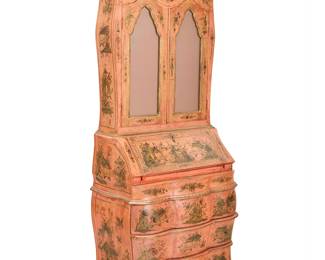 1218
An Italian Rococo style chinoiserie decorated secretary bookcase
20th century
The upper glazed cabinet opening to reveal three two shelves, the lower console with drop front opening to reveal four drawers and one cabinet, above three drawers with serpentine fronts, decorated throughout with chinoiserie figures and floral motifs in low relief
Upper console: 42.25" H x 32.25" W x 9.25" D; Lower console: 40.25" H x 33.5" W x 19.5" D
Estimate: $800 - $1,200