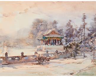 1278
Hua Yiyu
(b. 1922)
"Dusk," 1989
Watercolor on paper
Signed in Chinese and dated 1989 in brown ink, along the center of the right edge; titled by repute
Image/Sheet: 14.75" H x 19.25" W
Estimate: $1,500 - $2,000