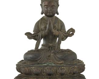 1297
An Asian bronze figure of seated Bodhisattva
20th century
With impressed seal to baseplate
14.5" H x 10" W x 6.5" D
Estimate: $700 - $900