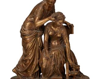 1236
A French patinated bronze figural group of Two Vestals Burning Love Letters
Jean-Louis Grégoire (1840-1890), late 19th century
Signed in the casting: JL [conjoined] Grégoire
17" H x 13.75" W x 7.5" D
Estimate: $600 - $800