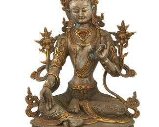 1065
A Tibeto-Chinese parcel gilt and silvered metal figure of Tara
18th century or later
With impressed seal to baseplate
11.875" H x 8" W x 6" D
Estimate: $1,500 - $2,000