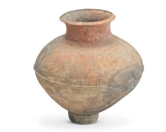 1022
A terracotta pottery storage vessel
Possibly Chinese Yangshao culture, Neolithic period or later
With banded incised swirling motifs
18.5" H x 18" Dia.
Estimate: $300 - $500