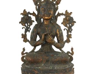 1305
An Asian gilt bronze figure of Tara
20th century
With possibly coral inset accents to headpiece
21" H x 11" W x 7.5" D
Estimate: $500 - $700