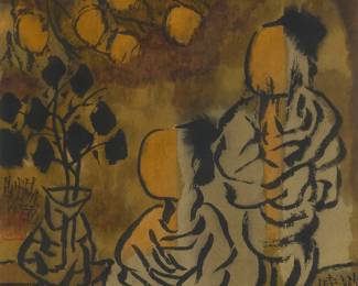 1283
Guo Tang
(b. 1955)
"Concubines"
Watercolor and ink on paper
Stamped (twice) with a red ink chopmark, presumably the artist's name, and inscribed in ink in Chinese characters, near the lower left and right; titled in pencil on a label strung to the frame's hanging wire, and inscribed with a numeric notation in ink on the frame's backing paper, both in another hand
Sight: 15" H x 11.375" W
Estimate: $800 - $1,200