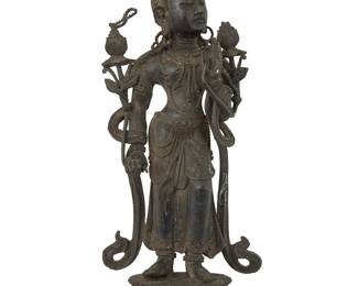 1307
An Asian bronze standing figure of a Bodhisattva
20th century
With impressed seal to baseplate
Possibly Guanyin/Avalokitesvara
10" H x 4" W x 2.5" D
Estimate: $400 - $600