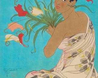 1265
Paul Jacoulet
(1902-1960)
"La gerbe d'anthurium, Angur, Mers du Sud," 1951
Woodcut in colors with silver metallic and pearl-powder mica on handmade mulberry paper
From the edition of 350 (of which fewer than 70 impressions were printed)
Signed in pencil above the artist's red ink ivy stamp in the image at lower left: Paul Jacoulet; Kentaro Maeda, carver; Tetsunosuke Honda, printer
Sight: 15" H x 11.5" W
Estimate: $800 - $1,200