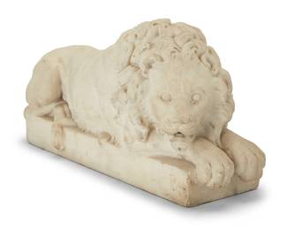 1226
An Italian carved marble figure of a recumbent lion
After a model by Antonio Canova (1757-1822), late 19th century
Unmarked
9" H x 20.5" W x 6.5" D
Estimate: $800 - $1,200