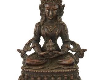 1078
A Tibeto-Chinese bronze figure of Amitayus
19th century or later
With impressed seal to baseplate
6" H x 4" W x 3" D
Estimate: $800 - $1,200