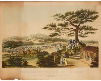 1195
Wilhelm Heine
(1827-1885)
"Return of Commodore Perry, Officers, & Men of the Squadron," from the "Illustrations of the Japan Expedition," 1855-56
Lithograph with hand coloring on wove paper (possibly laid to paper)
From the edition of unknown but presumably small size
With the artist's, printer's, and publisher's names, as well as the title, all engraved in the plate below the image; Boell & Lewis, New York, prntr.; E. Brown Jr., New York, pub.
Image (with printed text): 23.75" H x 32.125" W; Sheet: 26" H x 35" W
Estimate: $1,000 - $1,500