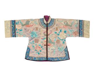 1047
A Chinese embroidered silk short robe
Republic Period (1912-1949) or earlier
The unusual theatrical-style robe with polychrome silk and metal-thread embroidery featuring multiple pheasants, goldfish, and foliage and flowers, worked on pale lilac silk and with blue silk borders, lined with dark pink damask, and with cord fastenings to center front
27" H x 55" W at shoulders; underarms at front: 24" W
Estimate: $600 - $800