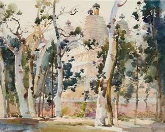 1276
Hua Yiyu
(b. 1922)
"Lacebark Pine," 1985
Watercolor on paper
Signed in Chinese and dated 1985, lower left; titled in pencil on a label strung to the frame's hanging wire, and inscribed with a numeric notation in red ink on the frame's backing paper, both in another hand
Sight: 14.75" H x 20.875" W
Estimate: $1,500 - $2,000