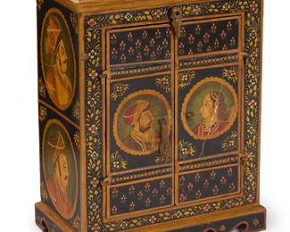 1118
A Mughal Indo-Persian polychrome wood cabinet
Early 19th Century
With two cabinet doors opening to reveal a single shelf, the front, sides, and top with hand painted portraits
28" H x 22" W x 14.5" D
Estimate: $2,000 - $3,000