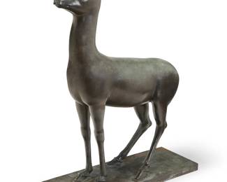 1145
Frederic Mares Deulovol
(1893-1991)
Gazelle doe
Patinated bronze
Base signed in the casting: F. Mares; with impressed foundry mark: Fundicion R. Vila / Valls (Tarragona)
Figure: 52.25" H x 45" W x 11.5" D; Base: 2.25" H x 44" W x 14.75" D
Estimate: $1,500 - $2,500