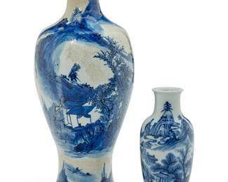 1156
Two Chinese blue and white porcelain vases
19th/20th century
The smaller bearing an apocryphal reign mark for Kangxi Period (1662-1722)
Comprising a soft paste blue and white crackle glaze vase, and an ovoid vase with landscape decoration
2 pieces
Larger: 12" H x 5" Dia.; Smaller: 6" H x 2.5" Dia.
Estimate: $800 - $1,200