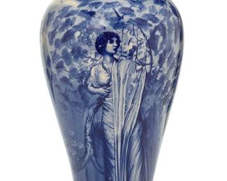 1259
Henry Ryland (1856-1924)
A blue and white earthenware vase, late 19th/early 20th century
Signed near base: H Ryland
Depicting Pre-Raphaelite women
12.375" H x 7.125" Dia.
Estimate: $500 - $700