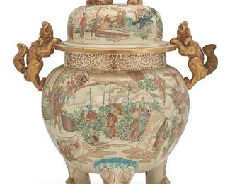 1060
A Japanese polychrome and gilt enameled ceramic censer
Meiji/Taisho Era (1868-1926)
Decorated in the Kutani/Satsuma style depicting figural tableaus, with gilt figural handles and lid finial, raised on three legs
23.75" H x 19.375" W x 14.5" D
Estimate: $800 - $1,200
