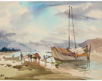 1277
Hua Yiyu
(b. 1922)
"By Erhai Lake"
Watercolor on paper
Signed and inscribed in Chinese in black ink, lower left; titled by repute
Image/Sheet: 15.375" H x 21.125" W
Estimate: $1,500 - $2,000