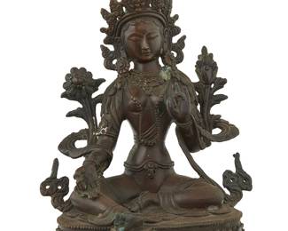 1074
A Tibeto-Chinese patinated bronze figure of Tara
19th century or later
With impressed seal to baseplate
8.375" H x 5.875" W x 4.375" D
Estimate: $450 - $650