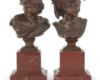 1246
A pair of diminutive French patinated bronze busts
After models by Jean-Baptiste Carpeaux (1827-1875), Early 20th century
One signed in the casting: Carpeaux; other signed: B. Carpeaux; each with impressed foundry mark: PROPRIETE CARPEAUX / [eagle cipher]
Each raised on a red marble plinth
2 pieces
Larger overall: 6.5" H x 2.75" W x 2.5" D; Each bronze: 4.25" H approximately
Estimate: $400 - $600
