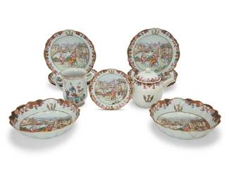1159
A Chinese Export Rose Mandarin porcelain service
Mid-18th century
Each but tankard bearing a painted and gilt crest for the Payne family
Each plate and bowl with scalloped rim and decorated with figural tableau, the teapot decorated with floral motifs
Comprising:
9 plates (9.125" Dia.)
1 smaller plate (6.5" Dia.)
2 bowls (9.125" Dia.)
1 lidded teapot (6.25" H x 8" W x 5" D)
1 tankard (5.375" H x 5.5" W x 3.75" D)
14 pieces
Estimate: $3,000 - $5,000