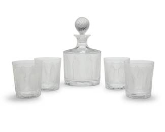 1273
A Lalique glass 'Les Femmes' drinks set
Late 20th century
Each etched: Lalique ® France
Comprising a decanter (9.625" H x 5.5" W x 4.375" D) and four double old-fashioned glasses (4" H x 3.5" Dia.)
5 pieces
Estimate: $400 - $600