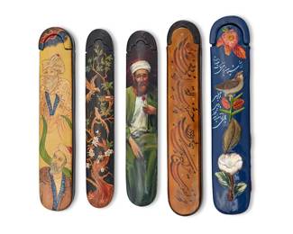 1114
A group of Persian polychrome wood and papier-mâché pen boxes
20th century
Each bearing inscriptions
Comprising two depicting male figures, one depicting birds in a tree, another with shell inlaid birds, and another with only script, each with a lacquered finish
5 pieces
Longest: 9.25" L
Estimate: $300 - $400