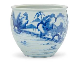 1158
A small Chinese blue and white porcelain jardinière
Kangxi Period (1662-1722) or style
With seaside and mountain landscape decoration
7.625" H x 9" Dia.
Estimate: $3,000 - $5,000