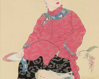 1264
Paul Jacoulet
(1902-1960)
"Le Tabouret de Porcelaine, Mandchoukuo," 1936
Woodcut in colors with silver, bronze, and jade powders, and silver mica on handmade mulberry paper
Edition: One of fewer than 350 total impressions
Signed in pencil above the artist's red ink good luck hammer stamp in the image at the lower right: Paul Jacoulet; Kentaro Maeda, carver; Uchikawa Honda or Hoshino Fujii, printer
Sight: 15.25" H x 11.5" W
Estimate: $600 - $800