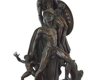 1216
A Continental patinated bronze figural group of Aeneas carrying Anchises with son Ascanius
20th century
Appears unmarked
26" H x 16.25" W x 8.75" D
Estimate: $800 - $1,200