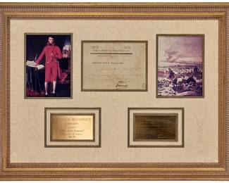 1227
A framed military order from Napoleon Bonaparte
1799
With label affixed to frame verso
Addressed from the general headquarters in Cairo, mounted together with gold-toned metal plaques engraved with translation of the script
Sight of letter: 5.75" H x 7.625" W
Estimate: $4,000 - $6,000