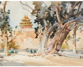 1279
Hua Yiyu
(b. 1922)
"Corner Tower of the Forbidden City," 1990
Watercolor on wove paper, watermark Arches
Signed in Chinese and dated 1990 in black ink, lower right; titled by repute
Image/Sheet: 14.875" H x 21.25" W
Estimate: $1,500 - $2,000