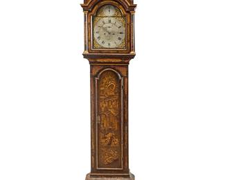 1167
A George III japanned longcase clock
Early 19th century
Dial marked: Robert Bainbridge / London
The two-movement clock with enameled and silvered metal dial bearing Roman numeral hour markers and Arabic outer minute track, Arabic subsidiary dial, Strike/Silent switch, and Arabic date aperture, housed in a glazed bonnet and a gilt and black enameled case with Japanese-style decoration
96" H x 19" W x 10.5" D
Estimate: $600 - $800