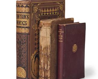 1191
Three classic works of fiction
Mid-19th-early 20th century
Three works:

Thomson, Mortimer Neal., under the pseudonym Q. K. Philander Doesticks, P.B. "Plu-ri-bus-tan. A Song That's-By-No-Author." New York: Livermore & Rudd, 1856
The octavo bound in blind-stamped cloth
7.5" H x 5.5" W x 1.5" D

"Alfred Tennyson's Complete Works." New York: The Aldworth Edition, 1880
The octavo with gilt-stamped illustrations to spine and front board, with gilt edges
9.75" H x 7.875" W x 2.125" D

Hugo, Victor. "The Hunchback of Notre Dame," New York: A.L. Burt Company, Publishers, date not stated, series printed 1902-1938
An odd, unnumbered volume from the "Library of the World's Best Books" series, the octavo bound in soft faux-leather wrappers
6.875" H x 4.5" W x 0.875" D

3 pieces
Estimate: $100 - $150