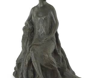 1137
Constantin Rausch Traubenberg
(1871 - c.1935)
Seated woman
patinated bronze
Signed and dated in the casting: Bar. C. Rausch de Traubenberg / Paris 1927; foundry impression: A VALSUANI / CIRE PERDUE
With green patina 15.75" H x 10.25" W x 11.5" D
Estimate: $700 - $900