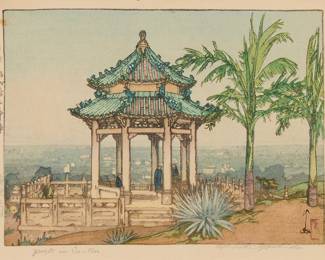 1057
Hiroshi Yoshida
(1876-1950)
"Park in Canton," 1941
Woodcut in colors on paper
From the edition of unknown size and date
Signed in pencil and with the title stamped in ink, both in the lower margin: Hiroshi Yoshida; with the printed black ink signature and the artist's red ink seal in the image at lower right; with the jizuri ("self printed") stamp as well as other Japanese characters stamped along the left margin; titled and dated in ink, in another hand, on a label affixed to the frame's backing paper
Image: 6.5" H x 8.75" W; Sight: 7.25" H x 9.5" W
Estimate: $500 - $700