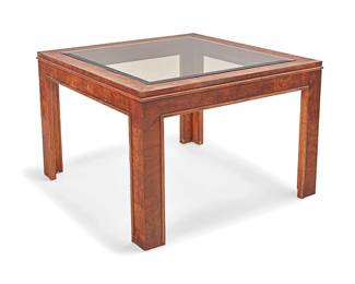 1319
A Glenn of California burlwood coffee table
Late 20th century
The table with inset smoky glass top
21.25" H x 30.75" W x 30.75" D
Estimate: $200 - $300