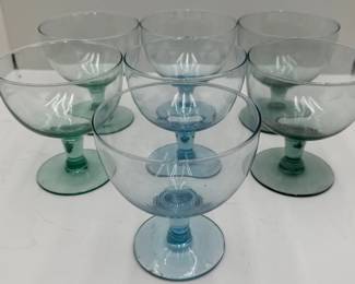 Vintage Handblown Ice Blue And Seafoam Green Pedestal Glasses: 7pcs