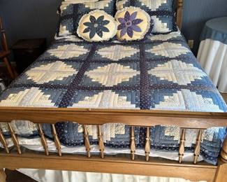 Full Size Vintage Spindle Bed Frame With Bedding, Mattress, And Box Springs