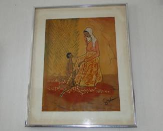 Vintage art woman weaving a basket