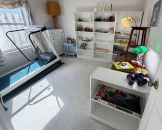 Jean office room bookcases desk, Chester drawers, treadmill, elephant collection