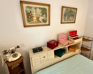Funky headboard from the 1960s and a great old telephone, plus Vintage Jewelry cases