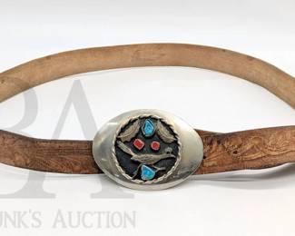 TOOLED LEATHER BELT WITH NATIVE AMERICAN STERLING BELT BUCKLE