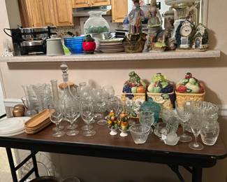 Glassware, planters, vintage lamp, waffle makers
