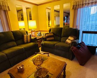 Couch and love seat, soft sided dog crate, retro ashtrays