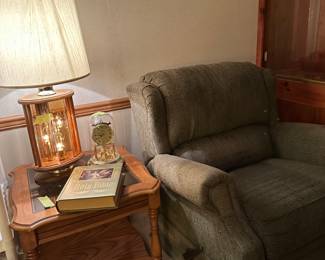 3 piece living room set - recliner, couch and love seat with matching end tables and coffee table.  Large retro lamp set.
