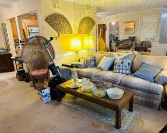 Matching sofa, chair, end tables and coffee tables. Ab Shaper, Peacock chair, vintage oil lamps.