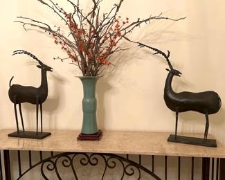 Celadon Vase, Antelope Metal Sculptures