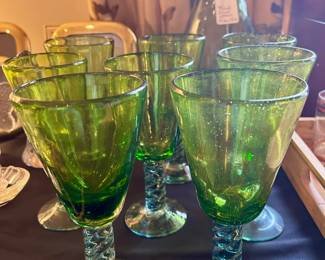 Hand Blown Green Blue Glass Goblets